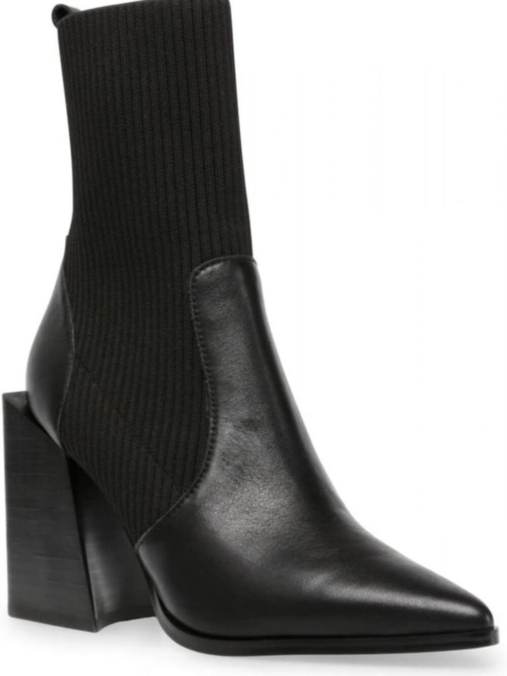 Chunky Stacked Heel Ankle Boots - Pointed Toe Slip-On Ribbed Knit Sock Booties